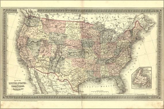 24x36 Poster Map Of The United States Of America 1877