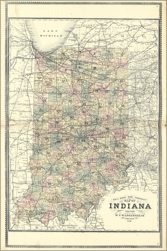 24x36 Poster Railroad And Township Map Of Indiana 1889