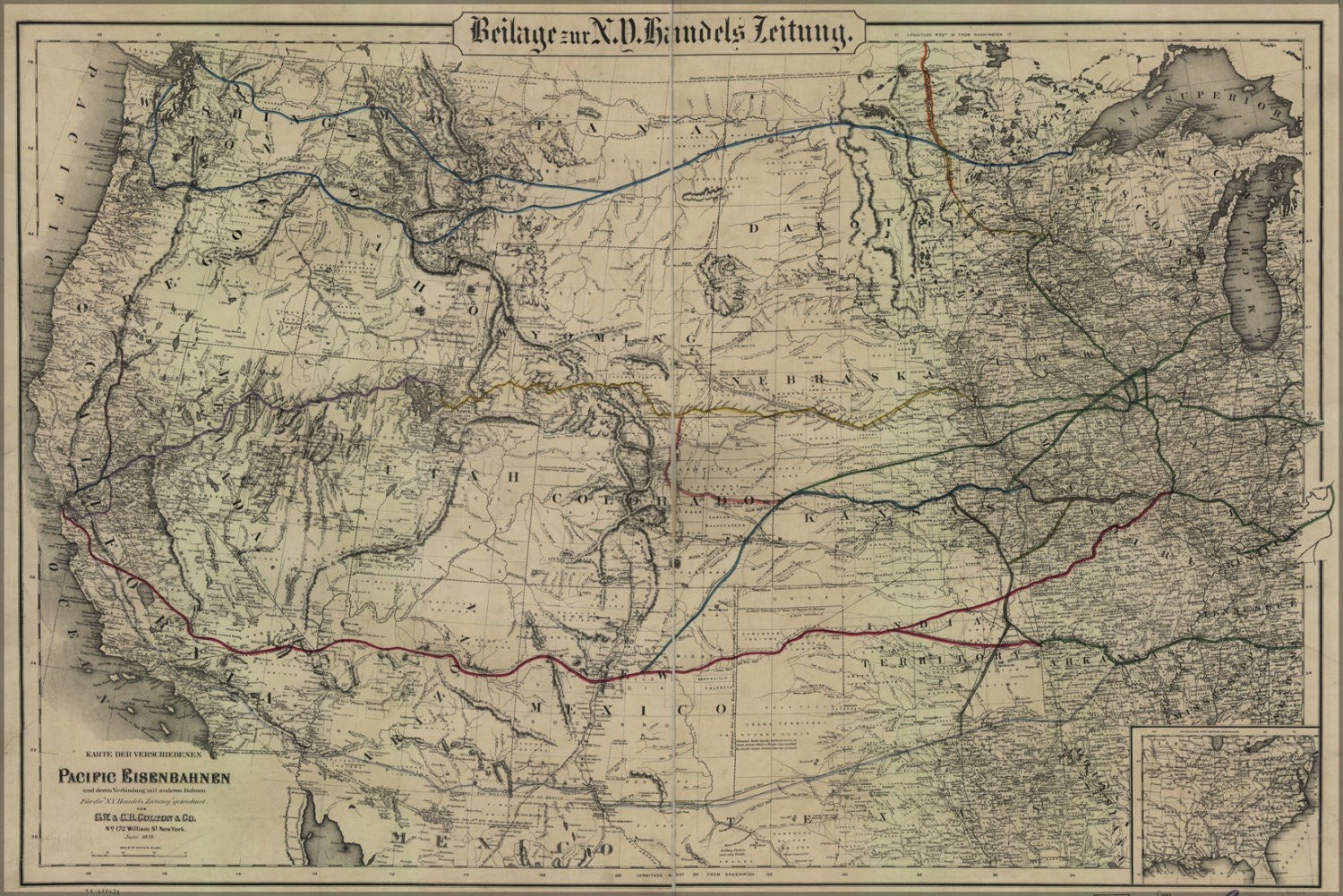 24x36 Poster Railroad Map Western United States 1870 In