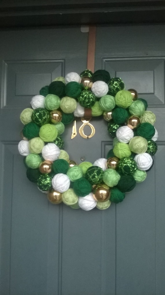 Green, White, and Gold Yarn Ball Wreath