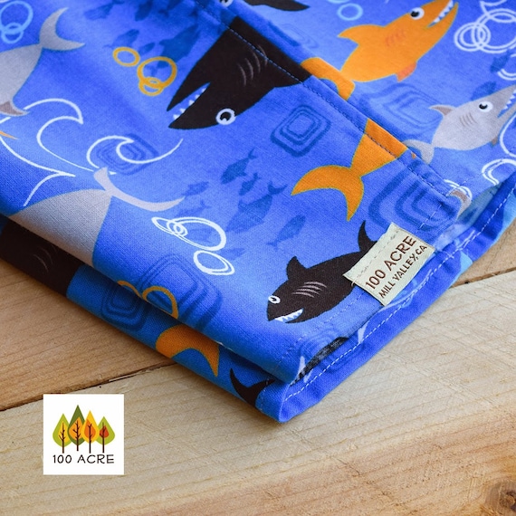 Shark shorts for girls or boys-  Cotton print sharks in blue orange and grey. Beach and pool wear for kids. Summer shorts for kids