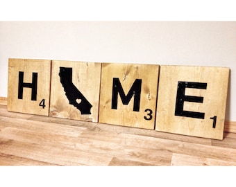 Personalized Wood 4 Scrabble Tiles, Custom Home California State Love (OR ANY STATE) With Heart Over City, Wedding Gift