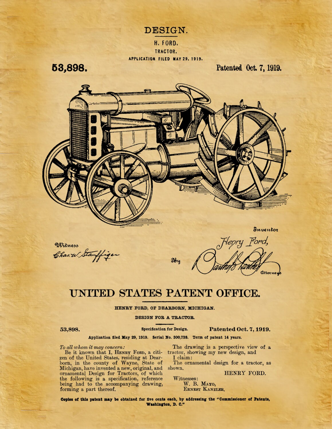 Patent 1919 Ford Tractor Invented by Henry Ford Art Print or Poster