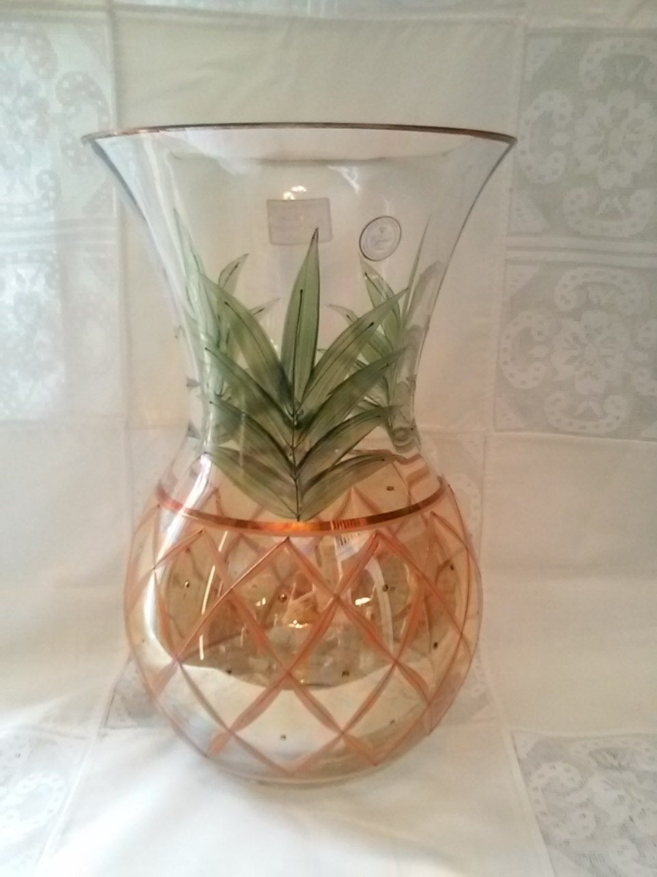 Romanian Clear Crystal Hand Painted Pineapple Vase