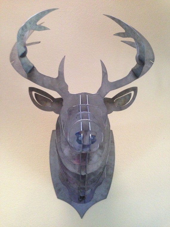 Mounted Deer Head Sculpture Steel 3D Metal Art by PuzzlePros