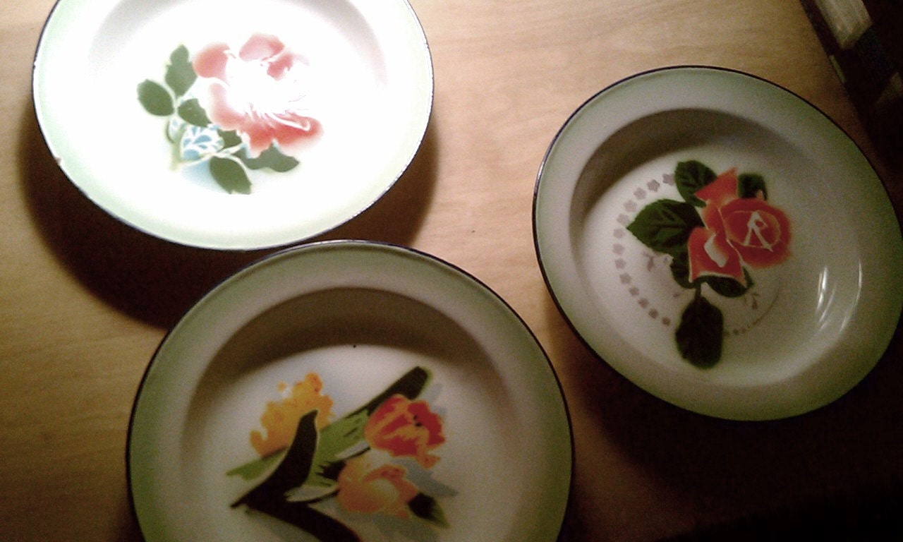 Vintage Enamel floral serving bowls, 1950s Vintage enamel bowls, enamel