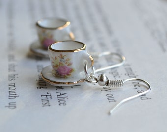 Alice In Wonderland "Curiouser and Curiouser" Pink Rose Teacup Earrings
