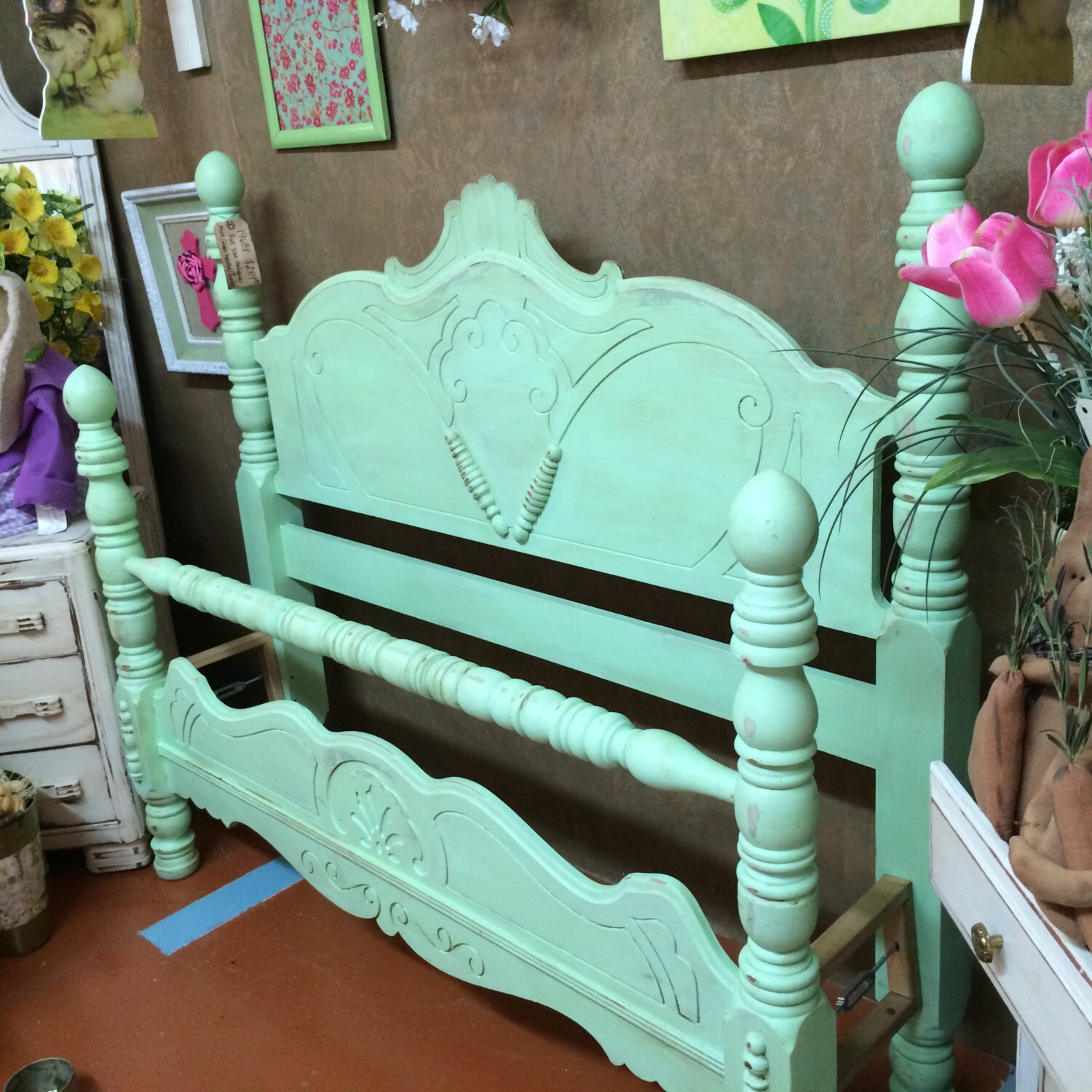 Full Sized Vintage Headboard/Footboard painted in mint green