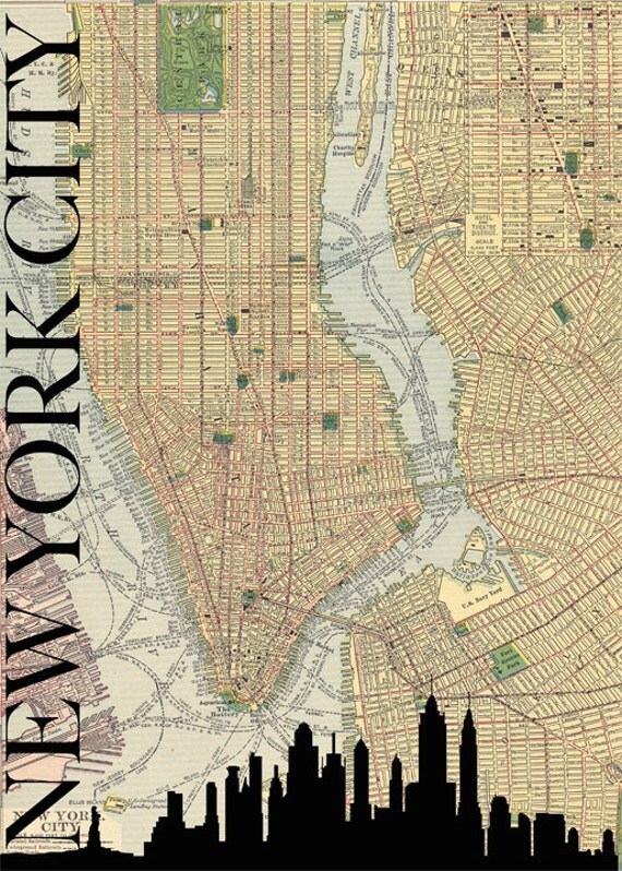 Items similar to Unique version of New York City Skyline with 1910 map