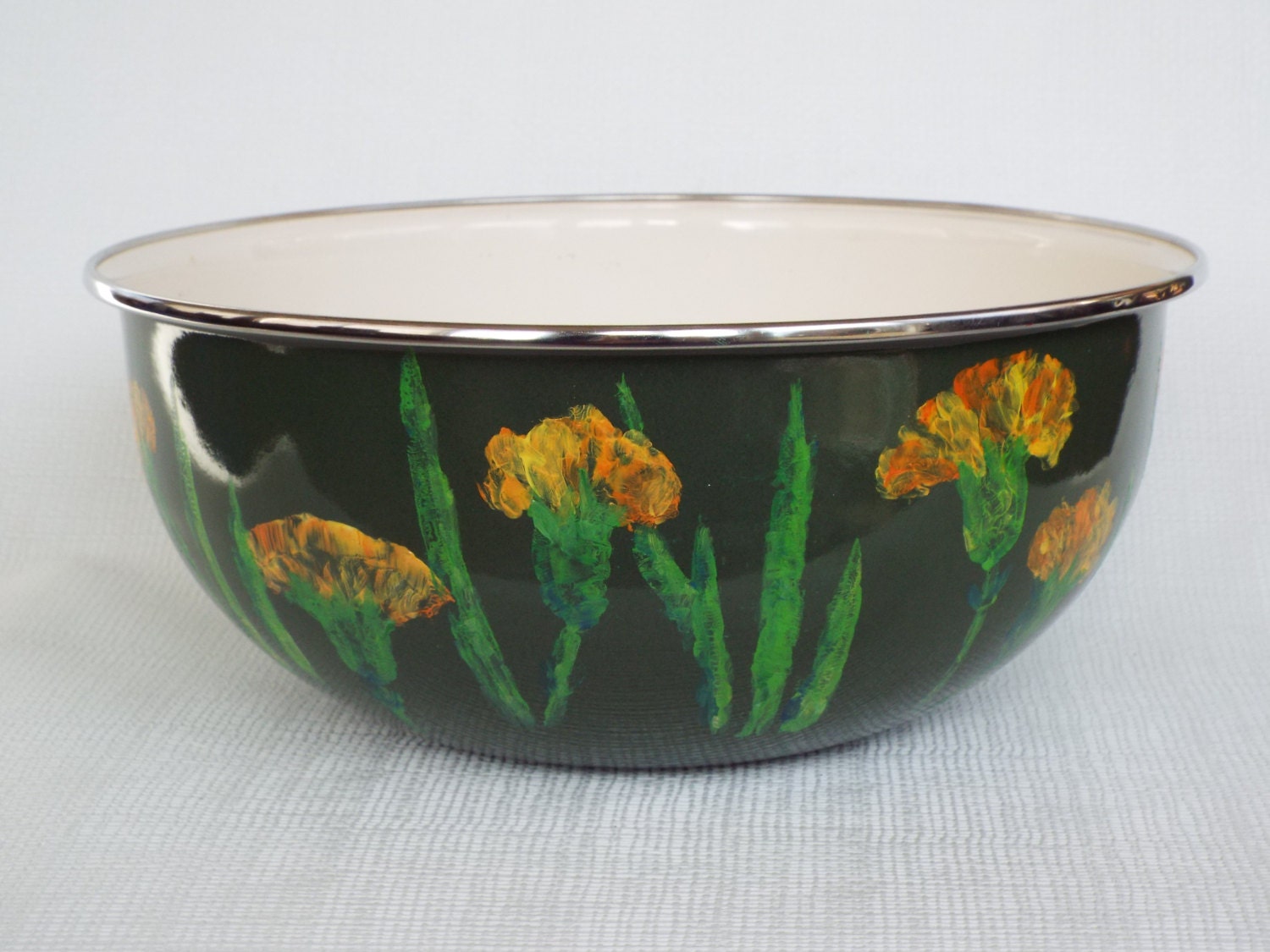 Hand Painted Enamel Mixing Bowl with Nature Print of Pressed