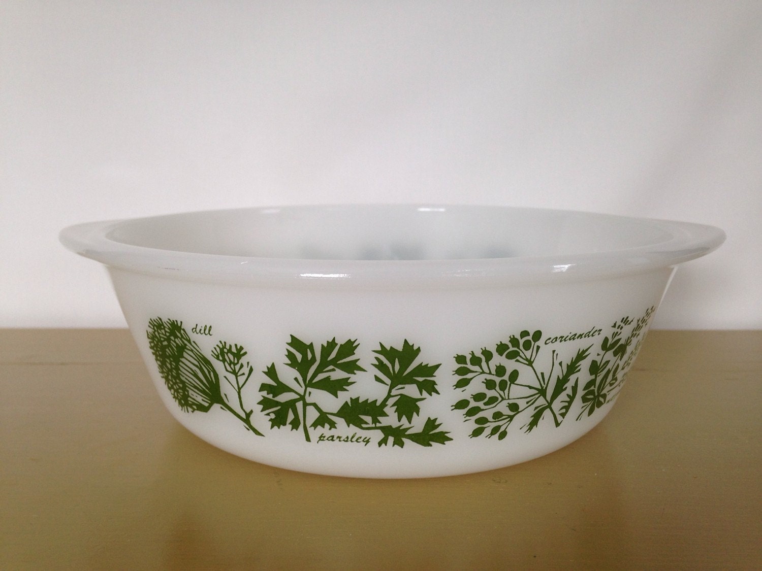 Vintage Glasbake Herbs Bowl, Glasbake, milk glass bowl, vintage bowl