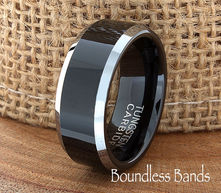 Two Tone Wedding Tungsten Band Black Polished Beveled Edges Ring Custom Laser Engraved Tungsten Anniversary Ring Mens Women New Design Band
