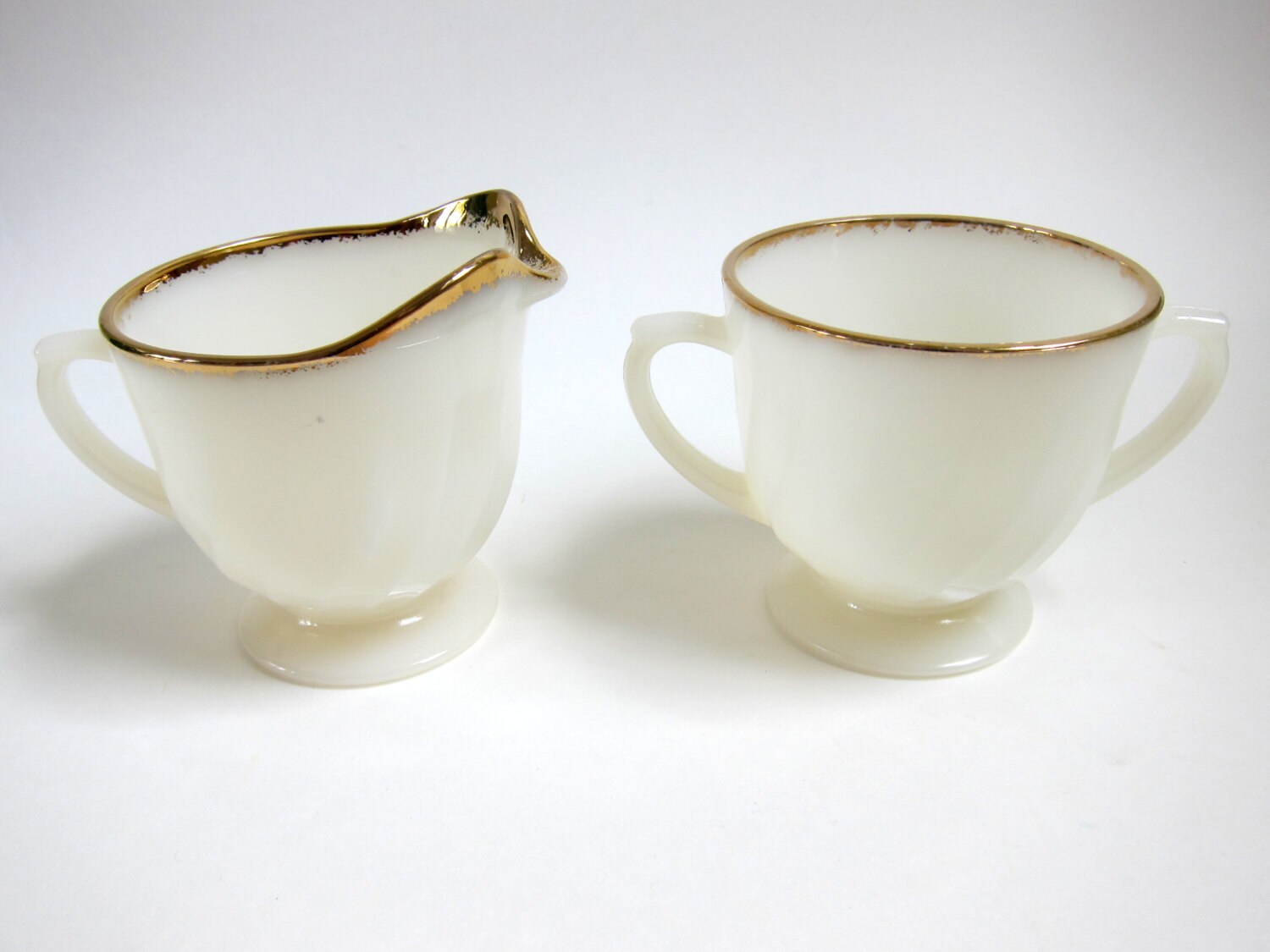 Fire King Sugar Creamer Set Golden Anniversary Milk Glass 22k Gold Rimmed Haute Juice
