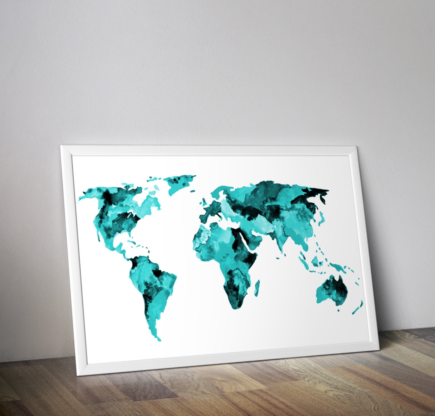 Teal World Map Watercolor map Travel Art