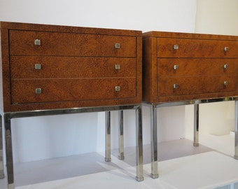 Pair Of Mid-Century Modern Nightstands By Lane Furniture With Two Drawers And A Faux Tortoiseshell Finish On All Four Sides.