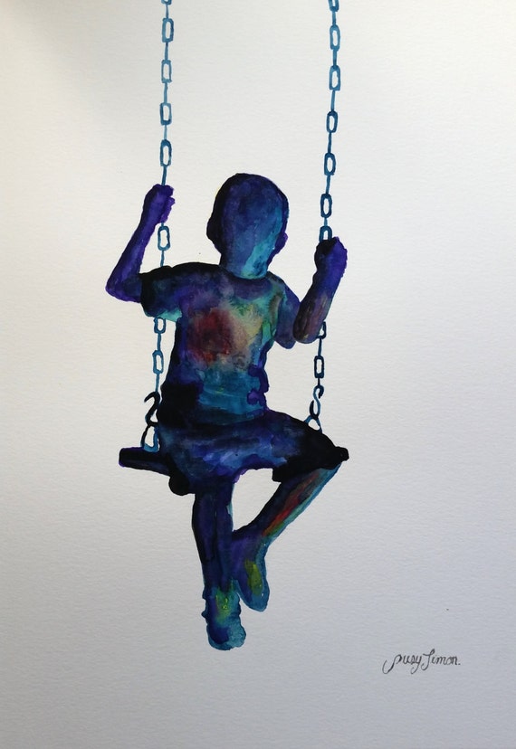 Items similar to Child on the Swing Original Watercolor painting 9