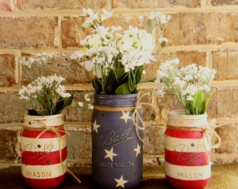 READY TO SHIP! American Flag painted chalk paint mason jar vase set pint quart Ball Mother's Day 4th of July
