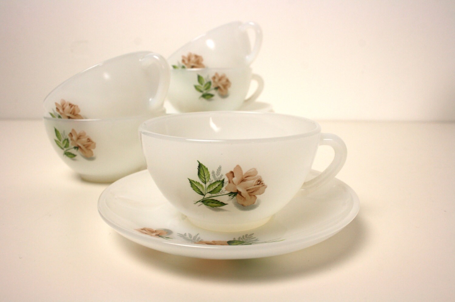 Arcopal milk glass coffee cups and saucers set of 5 vintage