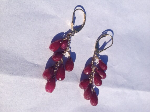Ruby Earrings : 14k dangle drop genuine ruby earrings