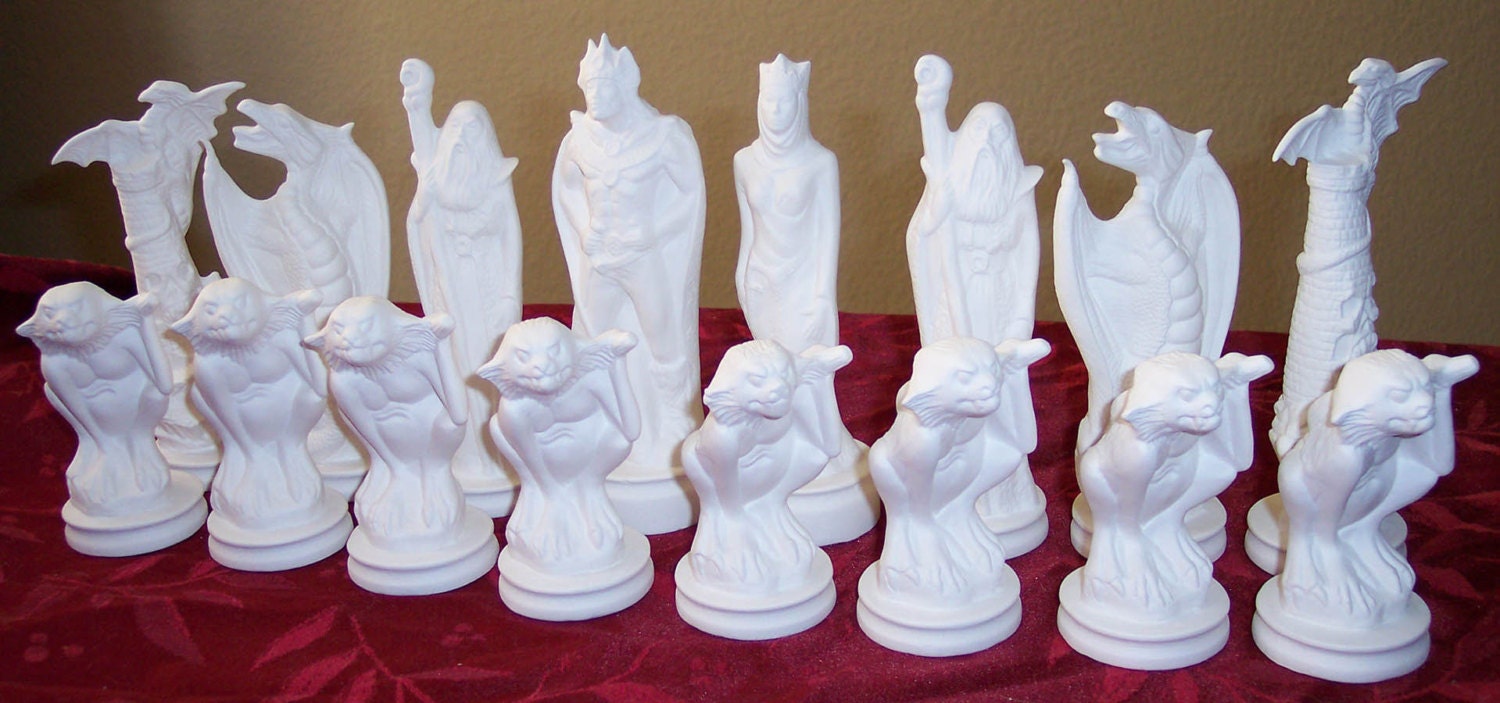 Ceramic Bisque Chess Set Good Vs Evil Ready to be by Poursalot