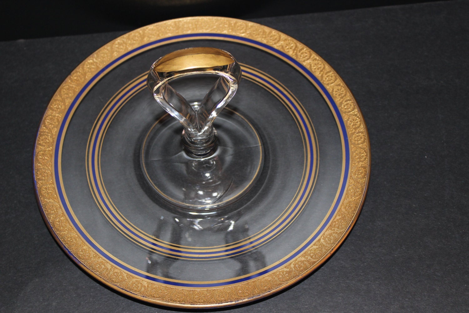 Vintage Depression Glass Center Handle Serving Plate Trimmed in Gold