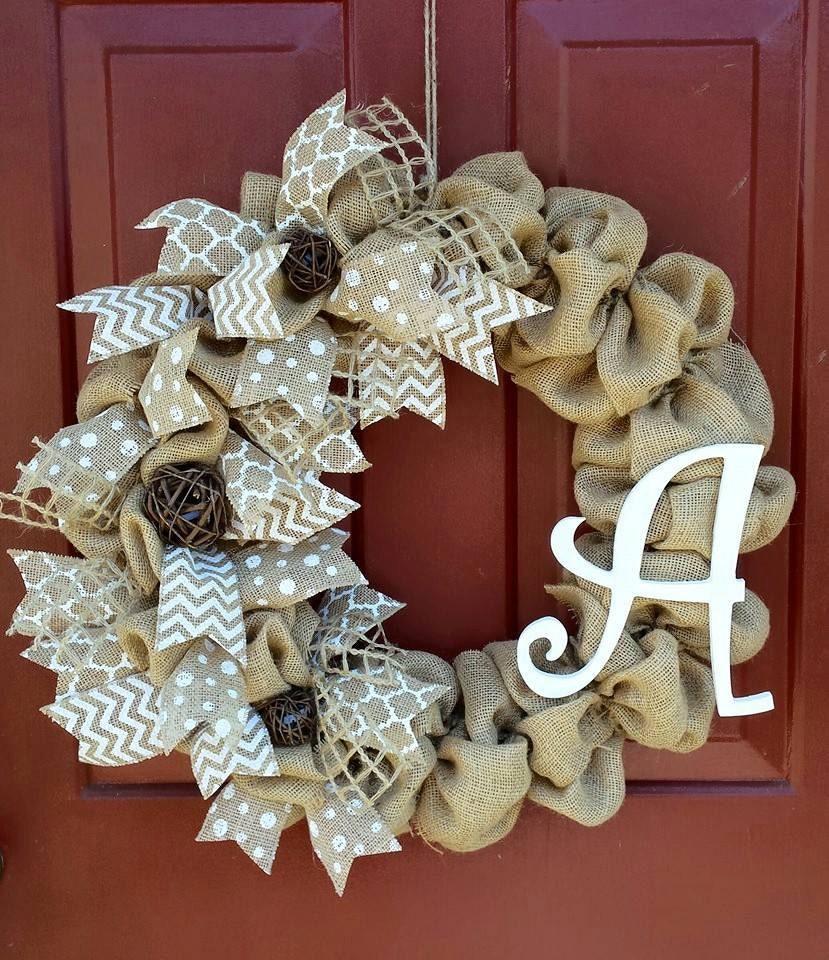 Burlap Natural Ribbon Initial Wreath