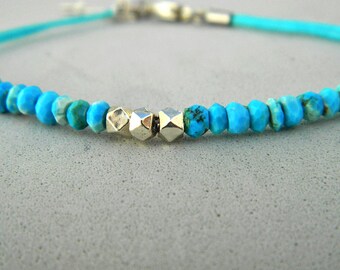 Turquoise bracelet. Gemstone bracelet.Sterling silver bracelet.Tiny silver bead bracelet.Friendship bracelet.Tiny silver faceted beads.GE022