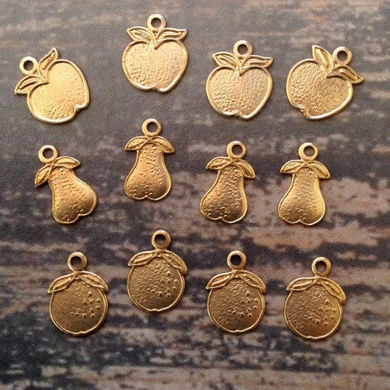 12 brass mini fruit charms 10mm apple pear by MyVintageCharms