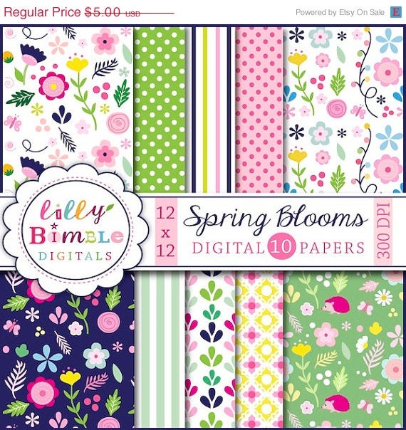 50% off SPRING BLOOMSl digital papers with spring blooms with polka dots, stripes Digital Download Il_570xn