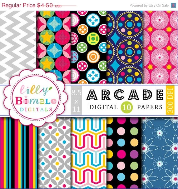 50% off Retro Disco Arcade Papers for digital scrapbooking, cards, backgrounds, printable 8.5x11 300 dpi Download Il_570xn