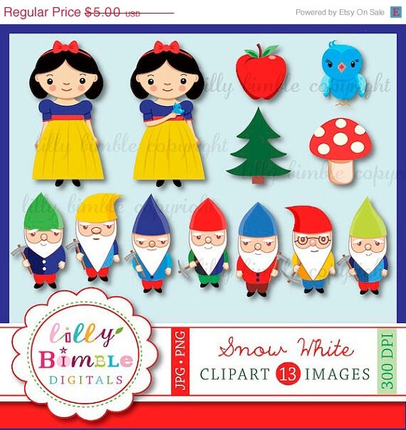 50% off Snow White clipart birthday invite, seven dwarves, dwarf, digital download clip art images red apple, gnomes, INSTANT DOWNLOAD Il_570xn