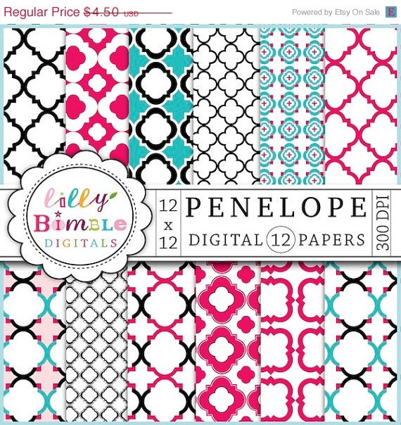 50% off QUATREFOIL Pink and Turquoise Penelope Papers for scrapbooking, cards, design Instant Download Il_570xn
