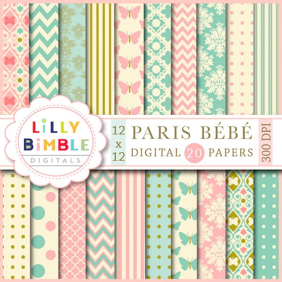 40% off PARIS BEBE digital papers in teal and salmon pink, modern scrapbook papers for cards, crafts and design elegant Digital Download Il_570xn