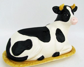 Ceramic Spotted Cow Butter Dish Tray and Lid White and Black Spots Simply Bovine Ceramic Earthenware Butterdish Made in the USA