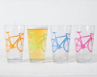 BIKE PARTY GLASSWARE set of 4 screen printed bicycle Pint glasses