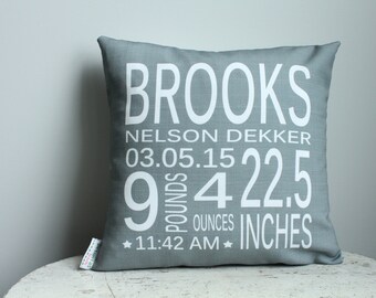 Birth Stat Pillow cover Personalized Grey coral modern hipster accessory home decor nursery newborn baby gift zipper canvas custom order