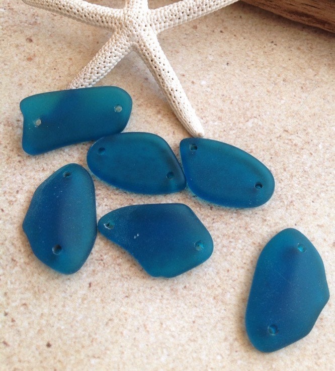 Double hole drilled sea glass bead6pc sea glass beadbeach