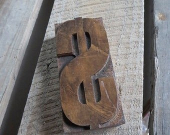 Antique Dollar Sign Wood Block Letterpress Printers Block, Rustic Home Decor or for Business