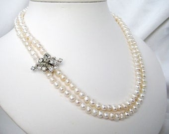 Rhinestone Pearl Necklace, Two Strand Bridal Necklace, Vintage Rhinestone Accent, Silver Box Clasp, White Pearl Wedding Necklace, Jessa