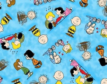 Quilting Treasures, Happiness in Peanuts, The Peanuts Gang on blue, yard