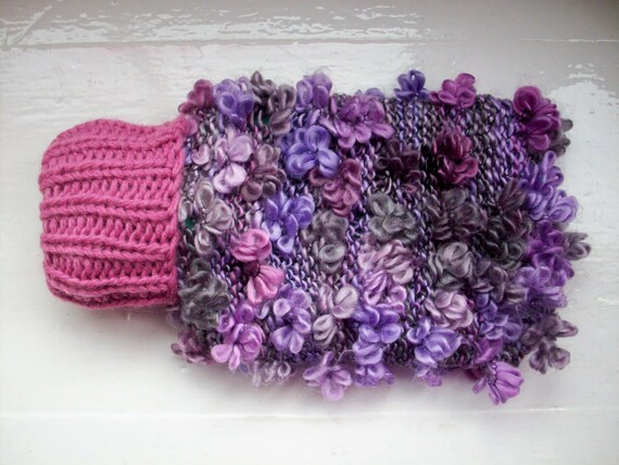 Fun hot water bottle and hand knitted knit cozy cover small soft warm purple lilac flowers