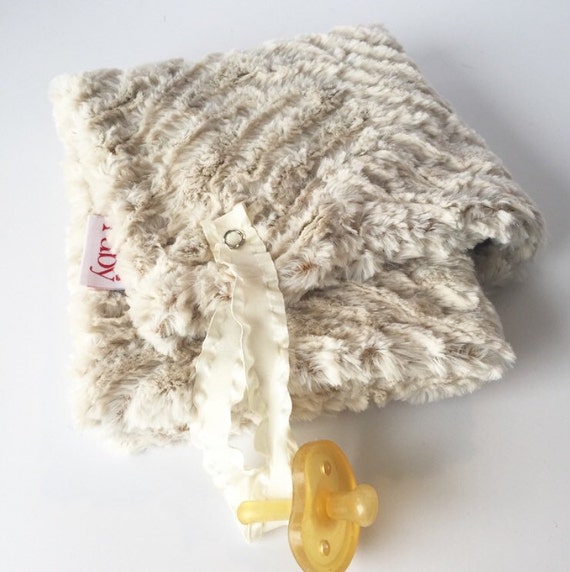 Frosted Camel Minky Binky Blanketany ribbon can be added