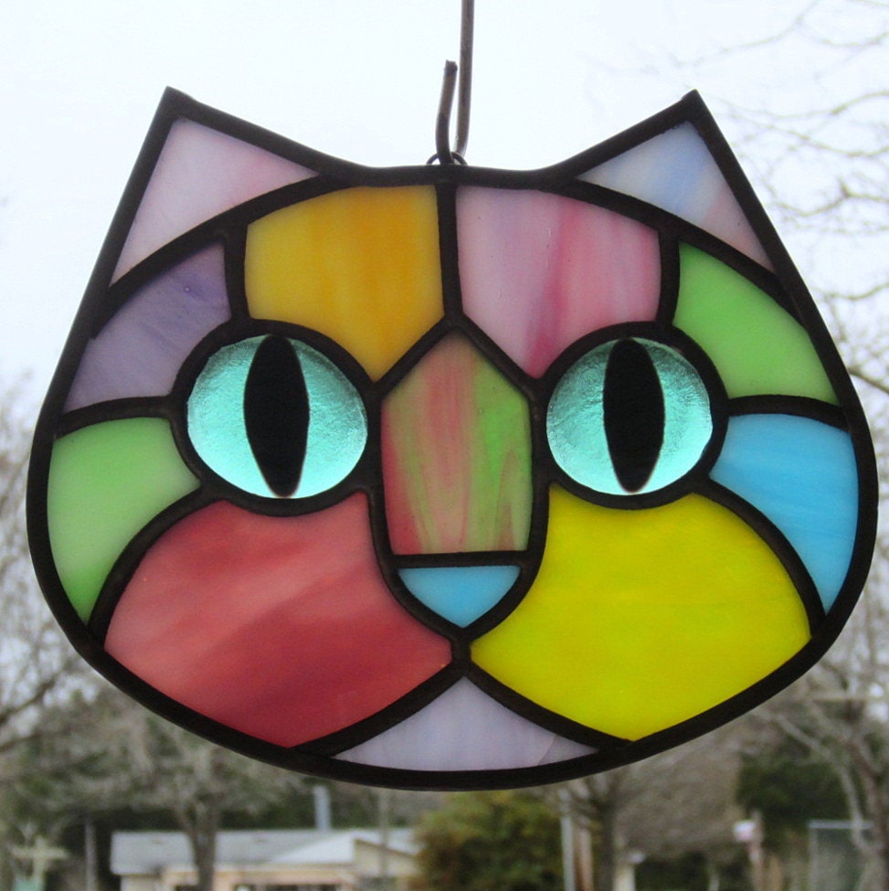 Pastel Calico Stained Glass Kitty Cat Face by LivingGlassArt