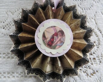 Handmade Victorian Valentine Decoration Cottage Chic Ornament Cupid with Envelope of Hearts Toile and Black Lace