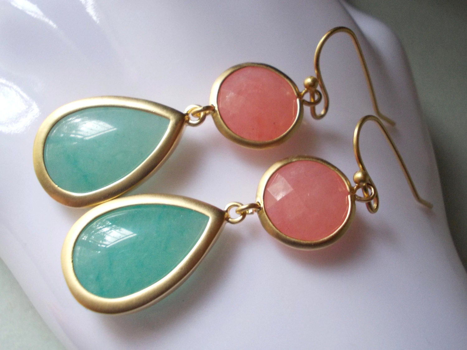 Earrings in pink and mint jade gold blue green rose drop