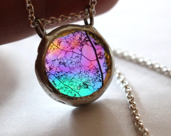 Boho Real Plant Necklace, Skeleton Leaf Necklace, Botanical Jewelry, Eco Statement Necklace, Real Leaf, Rainbow Festival Glass Pendant
