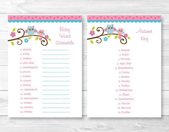 Pink Owl Printable Baby Shower "Baby Word Scramble" Game ...