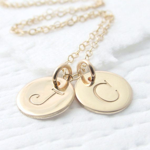 Solid Gold Double Initial Necklace Gold Charm by prolifiquejewelry