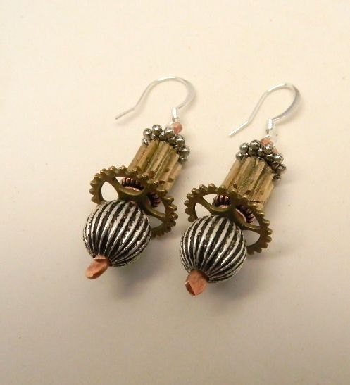 Steampunk jewelry. Mixed metal earrings. Steampunk earrings.