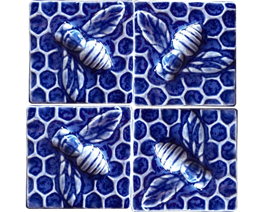 Four Sapphire Blue Ceramic Bee Tiles 3 x 3